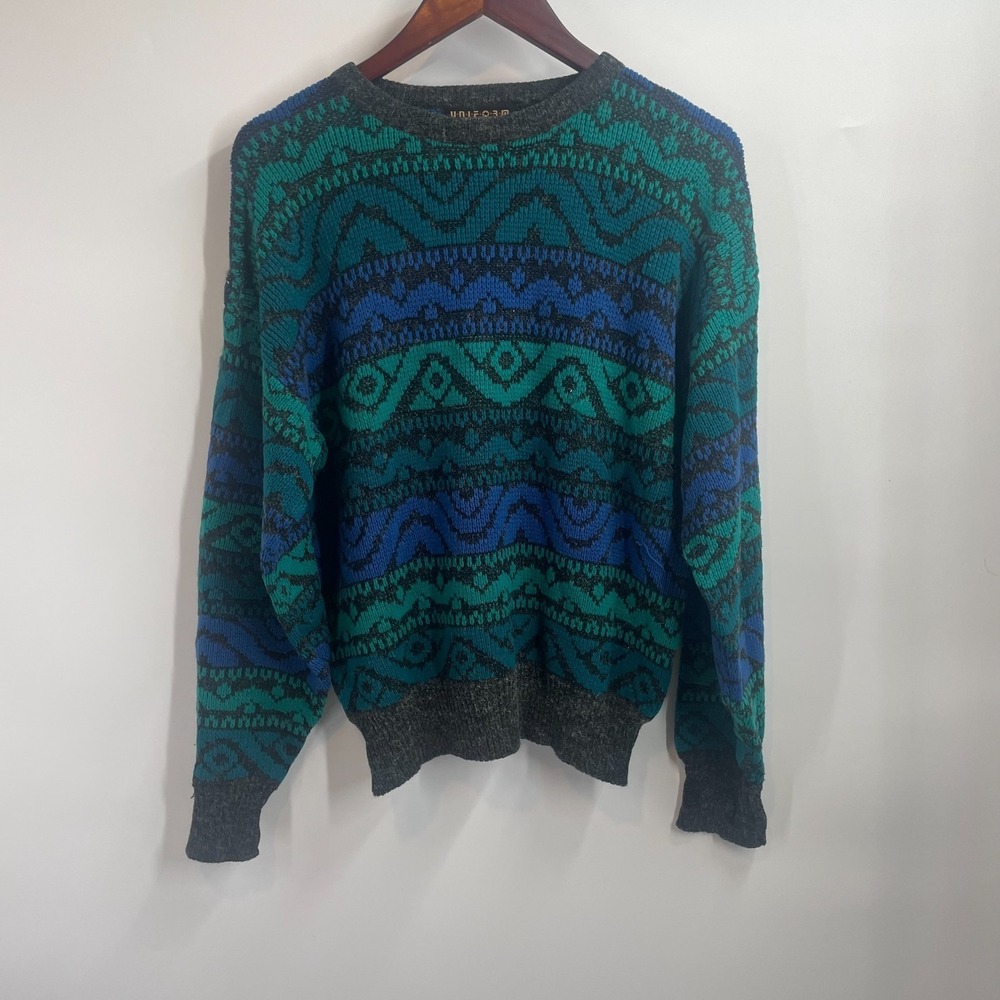 Vintage Uniform Code Geometric Jacquard Winter Pullover Sweater Teal Blue Size M - Picture 2 of 11